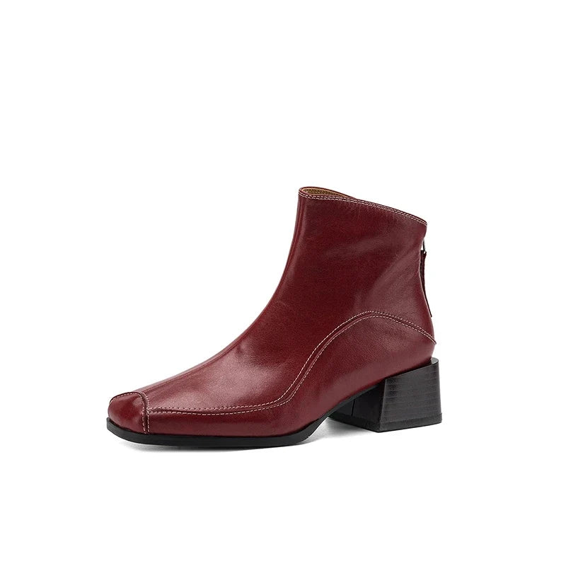 Women's autumn and winter genuine leather cowhide square toe and calf back zipper retro short Boots