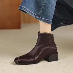 Women's autumn and winter genuine leather cowhide square toe and calf back zipper retro short Boots