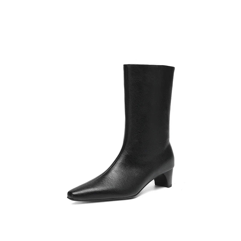 Women's autumn and winter genuine leather cowhide square toe and calf mid heel retro short Boots
