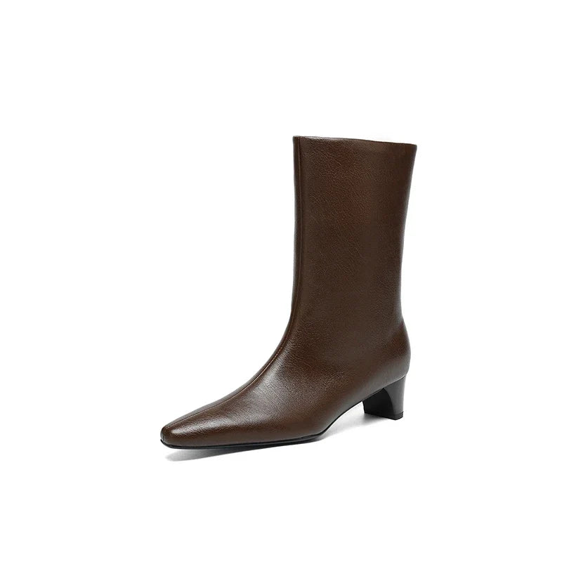 Women's autumn and winter genuine leather cowhide square toe and calf mid heel retro short Boots
