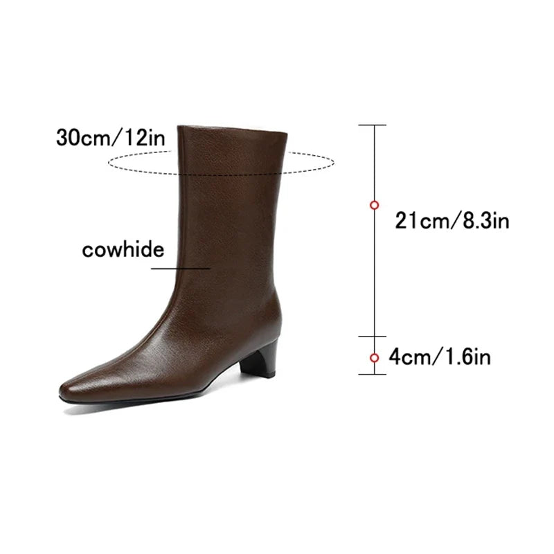 Women's autumn and winter genuine leather cowhide square toe and calf mid heel retro short Boots