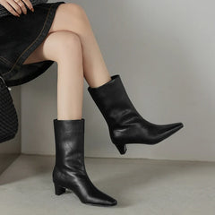 Women's autumn and winter genuine leather cowhide square toe and calf mid heel retro short Boots