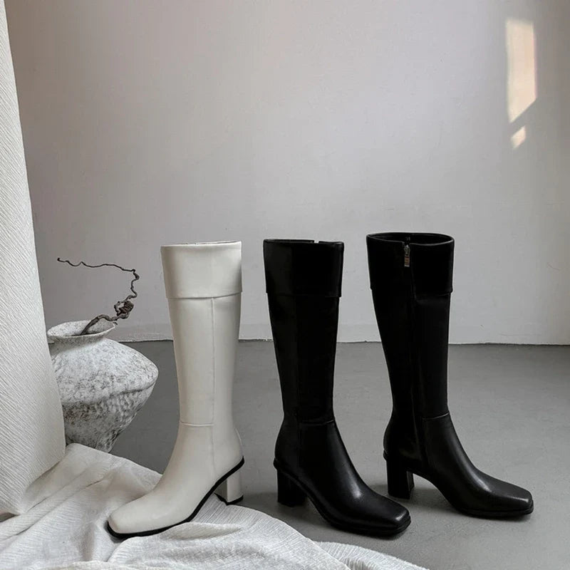 Women's autumn and winter genuine leather cowhide square toe and knee zipper high-heeled knight Boots