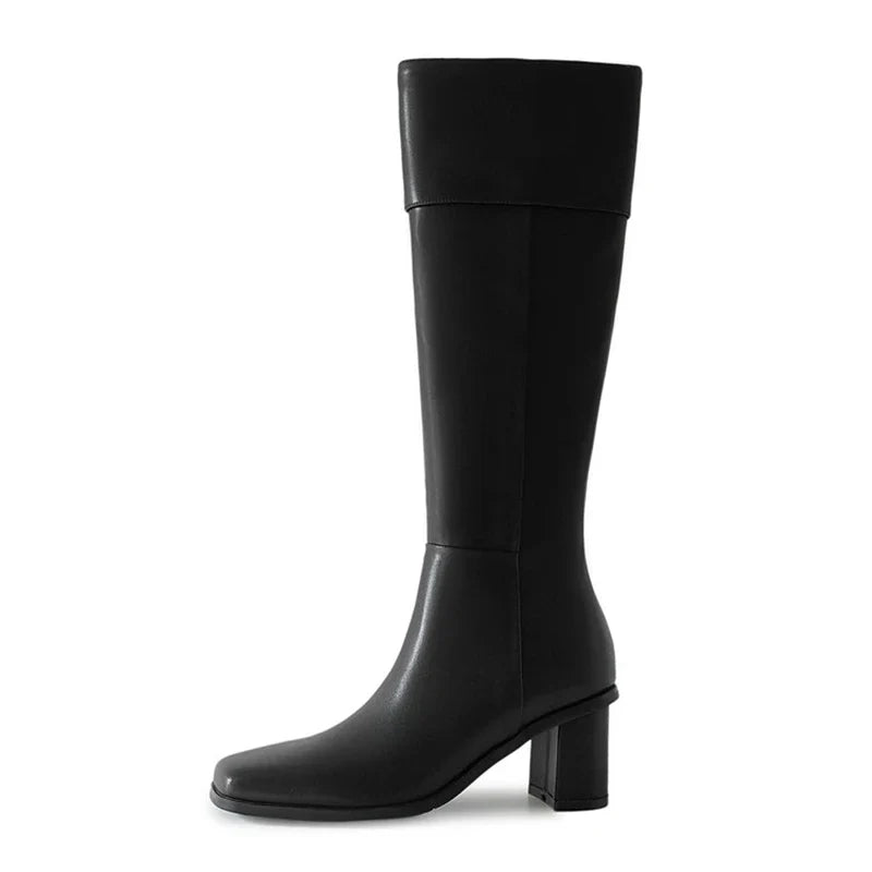 Women's autumn and winter genuine leather cowhide square toe and knee zipper high-heeled knight Boots