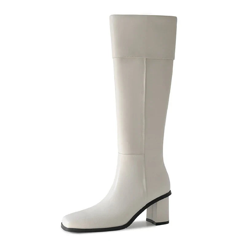 Women's autumn and winter genuine leather cowhide square toe and knee zipper high-heeled knight Boots