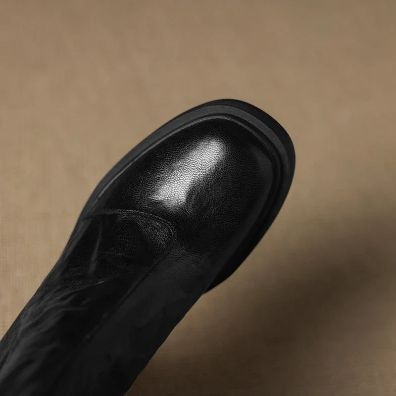 Women's autumn and winter genuine leather sheepskin round toe and calf high-heeled zipper thick soled Chelsea short boots