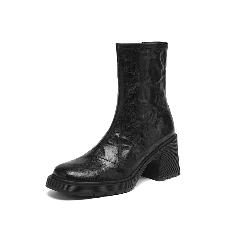 Women's autumn and winter genuine leather sheepskin round toe and calf high-heeled zipper thick soled Chelsea short boots