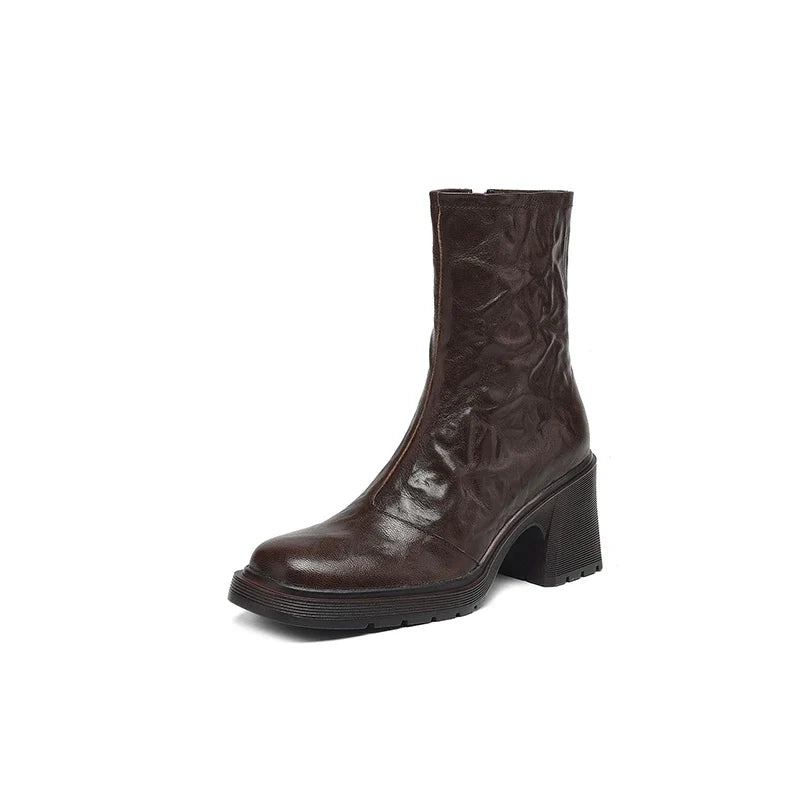 Women's autumn and winter genuine leather sheepskin round toe and calf high-heeled zipper thick soled Chelsea short boots