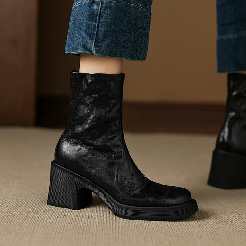 Women's autumn and winter genuine leather sheepskin round toe and calf high-heeled zipper thick soled Chelsea short boots