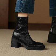 Women's autumn and winter genuine leather sheepskin round toe and calf high-heeled zipper thick soled Chelsea short boots