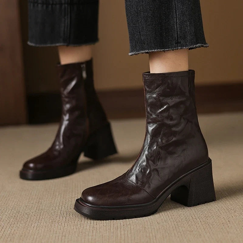 Women's autumn and winter genuine leather sheepskin round toe and calf high-heeled zipper thick soled Chelsea short boots