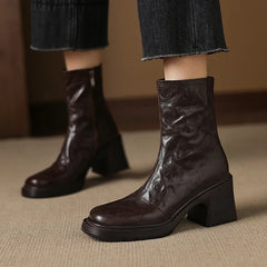 Women's autumn and winter genuine leather sheepskin round toe and calf high-heeled zipper thick soled Chelsea short boots