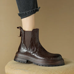 Women's autumn and winter genuine leather sheepskin round toe mid heel retro and calf Chelsea short Boots