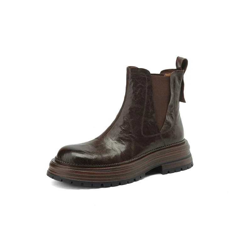 Women's autumn and winter genuine leather sheepskin round toe mid heel retro and calf Chelsea short Boots