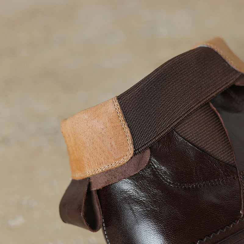Women's autumn and winter genuine leather sheepskin round toe mid heel retro and calf Chelsea short Boots
