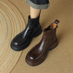 Women's autumn and winter genuine leather sheepskin round toe mid heel retro and calf Chelsea short Boots