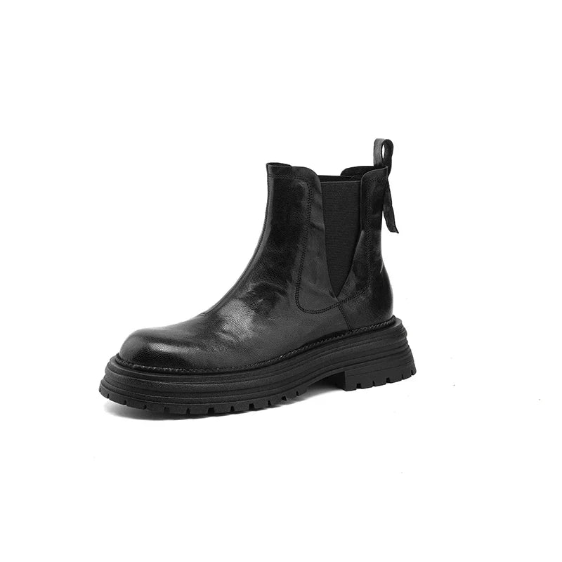 Women's autumn and winter genuine leather sheepskin round toe mid heel retro and calf Chelsea short Boots