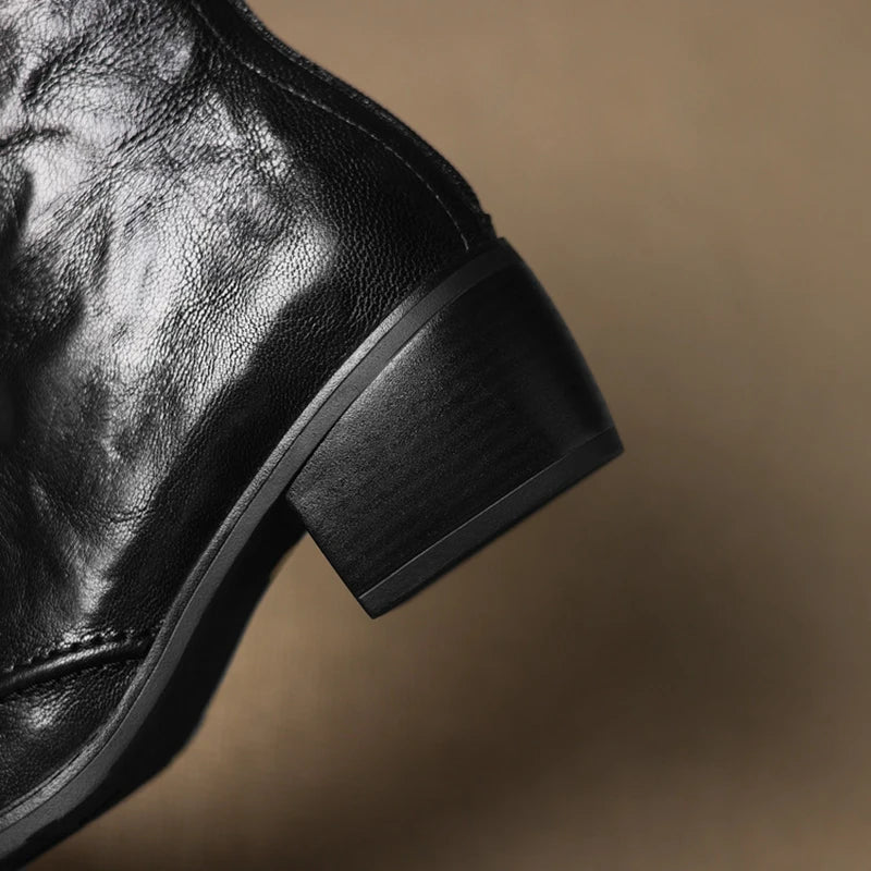 Women's autumn and winter genuine leather sheepskin square toe and calf high-heeled zipper Chelsea retro short boots