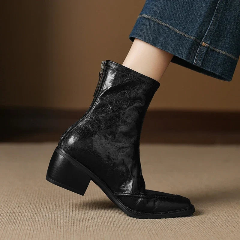 Women's autumn and winter genuine leather sheepskin square toe and calf high-heeled zipper Chelsea retro short boots