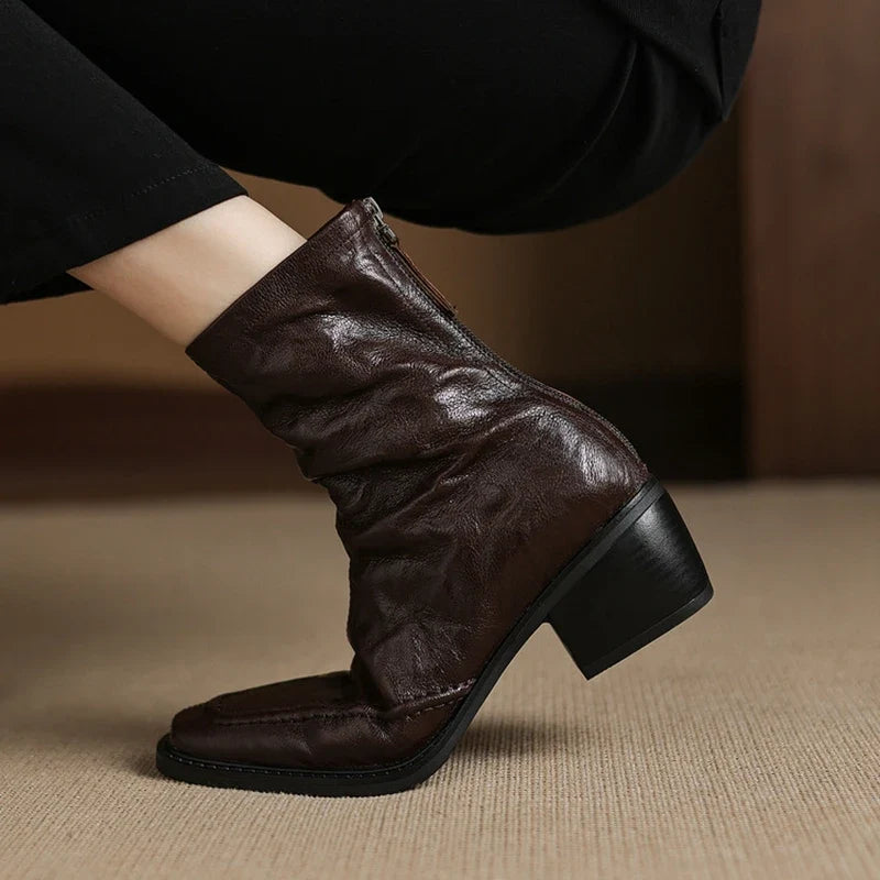 Women's autumn and winter genuine leather sheepskin square toe and calf high-heeled zipper Chelsea retro short boots