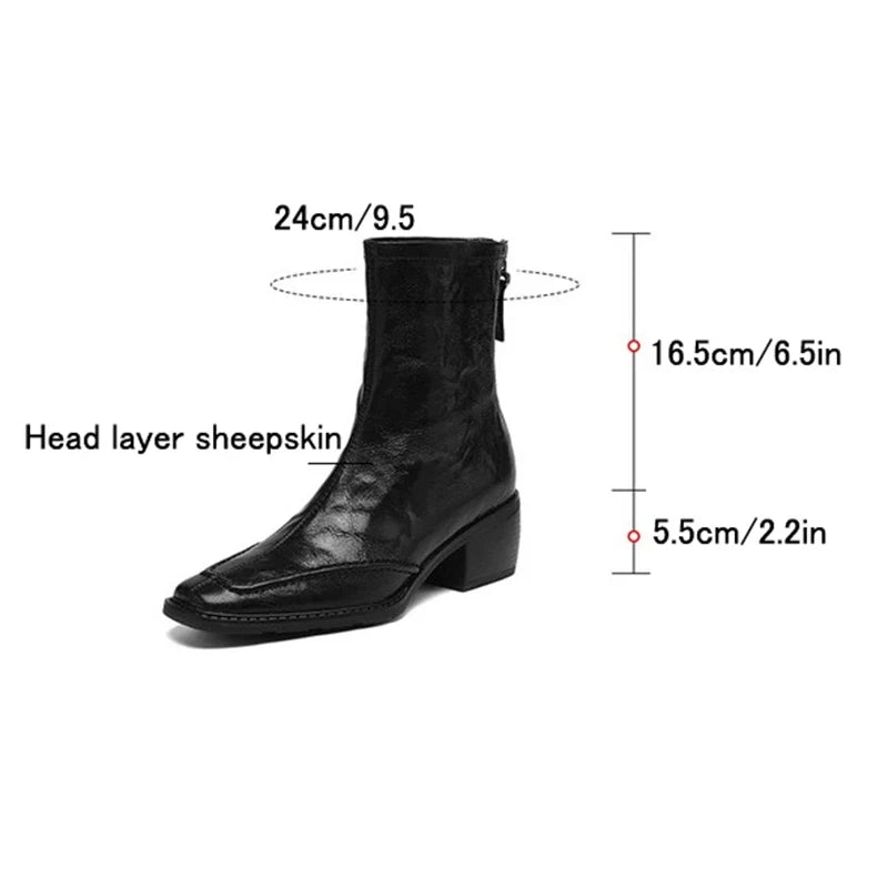 Women's autumn and winter genuine leather sheepskin square toe and calf high-heeled zipper Chelsea retro short boots