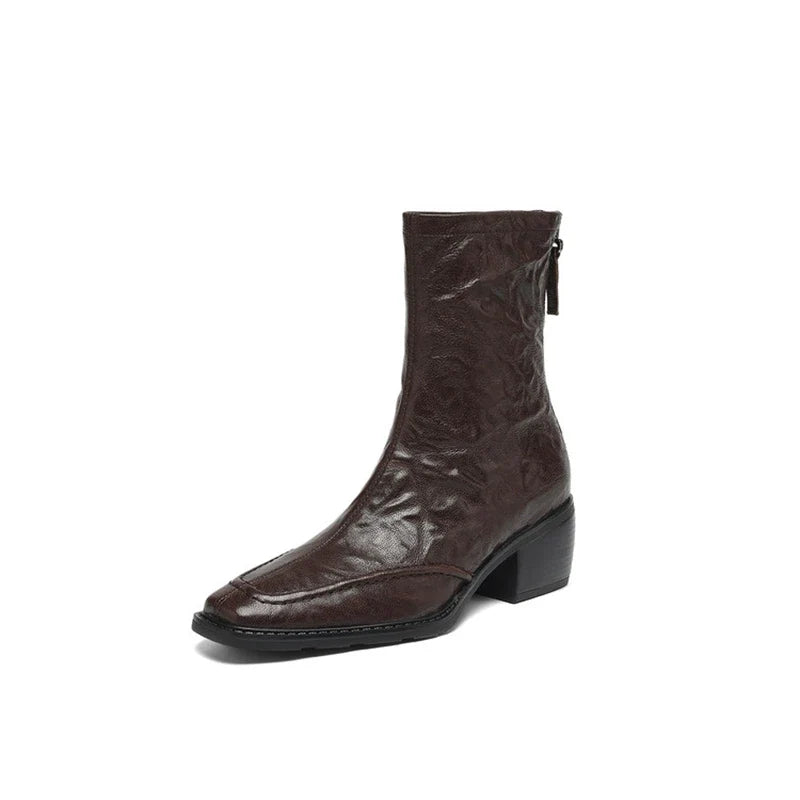 Women's autumn and winter genuine leather sheepskin square toe and calf high-heeled zipper Chelsea retro short boots