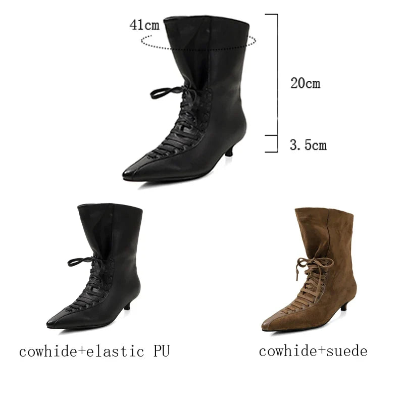 Women's autumn and winter leather cowhide lace up mid heel and calf pointed short Boots