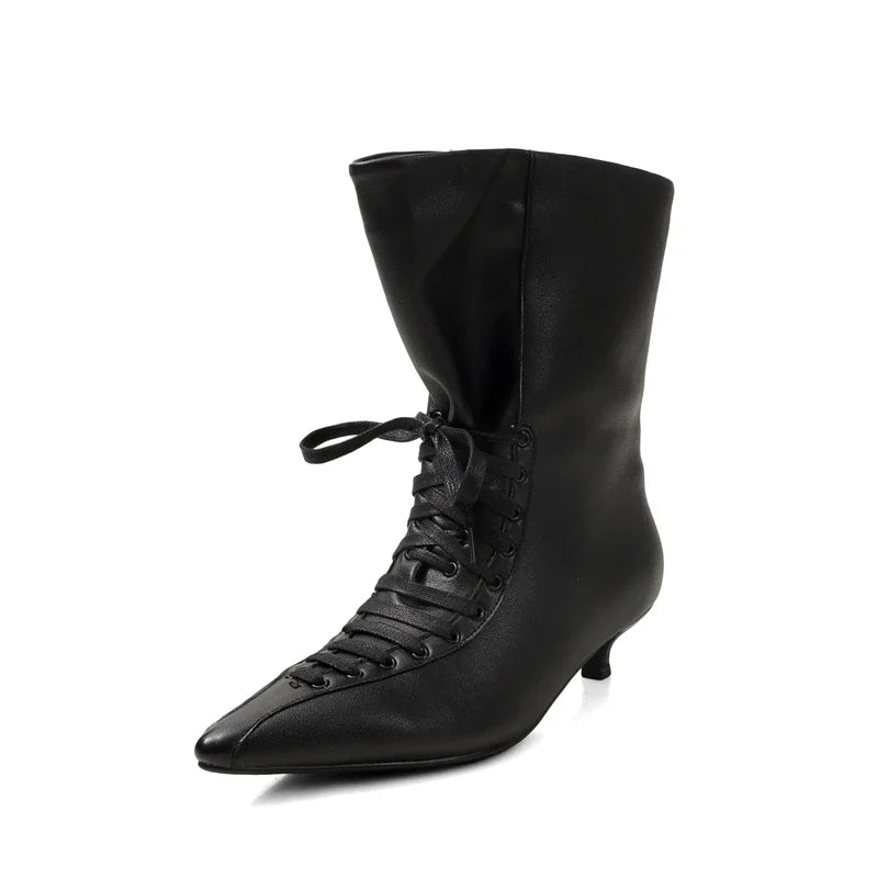 Women's autumn and winter leather cowhide lace up mid heel and calf pointed short Boots