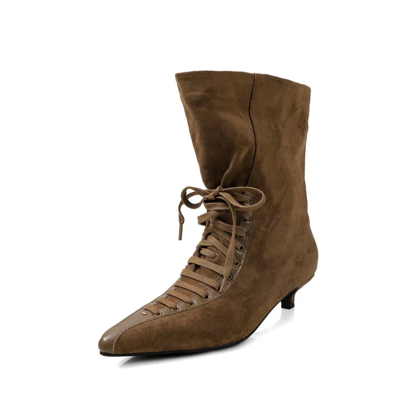 Women's autumn and winter leather cowhide lace up mid heel and calf pointed short Boots