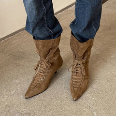 Women's autumn and winter leather cowhide lace up mid heel and calf pointed short Boots