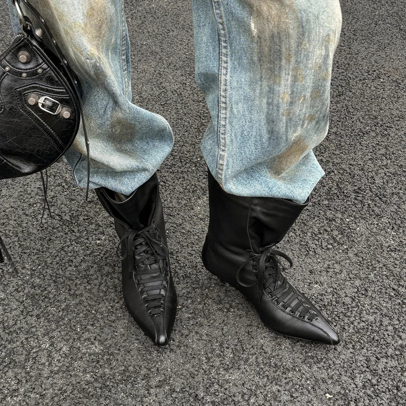 Women's autumn and winter leather cowhide lace up mid heel and calf pointed short Boots