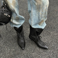 Women's autumn and winter leather cowhide lace up mid heel and calf pointed short Boots