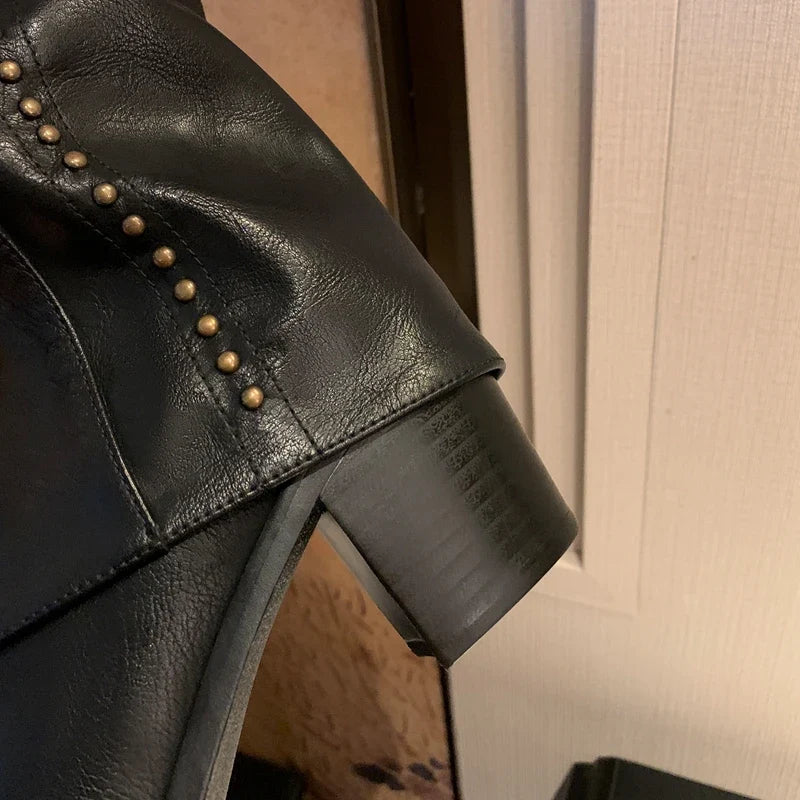 Women's autumn and winter leather cowhide metal rivet pointed high-heeled retro and knee high Boots
