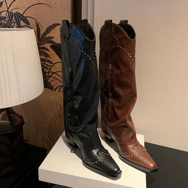 Women's autumn and winter leather cowhide metal rivet pointed high-heeled retro and knee high Boots