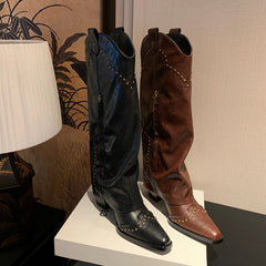 Women's autumn and winter leather cowhide metal rivet pointed high-heeled retro and knee high Boots