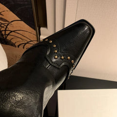 Women's autumn and winter leather cowhide metal rivet pointed high-heeled retro and knee high Boots