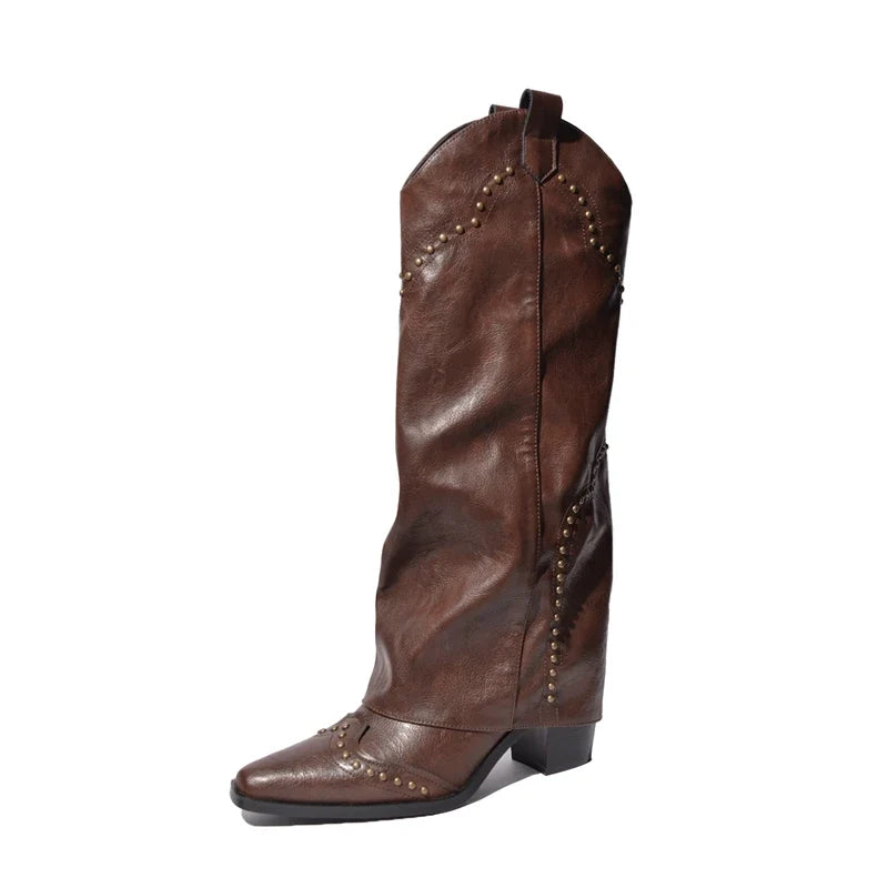 Women's autumn and winter leather cowhide metal rivet pointed high-heeled retro and knee high Boots