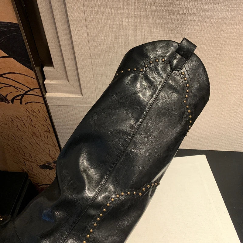 Women's autumn and winter leather cowhide metal rivet pointed high-heeled retro and knee high Boots
