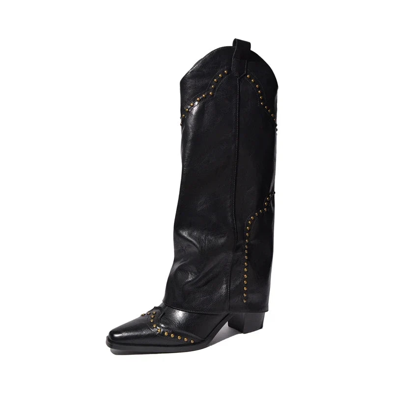 Women's autumn and winter leather cowhide metal rivet pointed high-heeled retro and knee high Boots