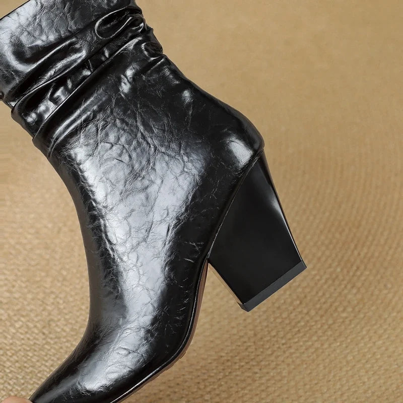 Women's autumn and winter leather cowhide pointed pleated side zipper high heels western short Boots