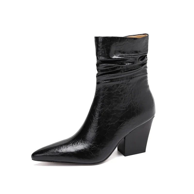 Women's autumn and winter leather cowhide pointed pleated side zipper high heels western short Boots
