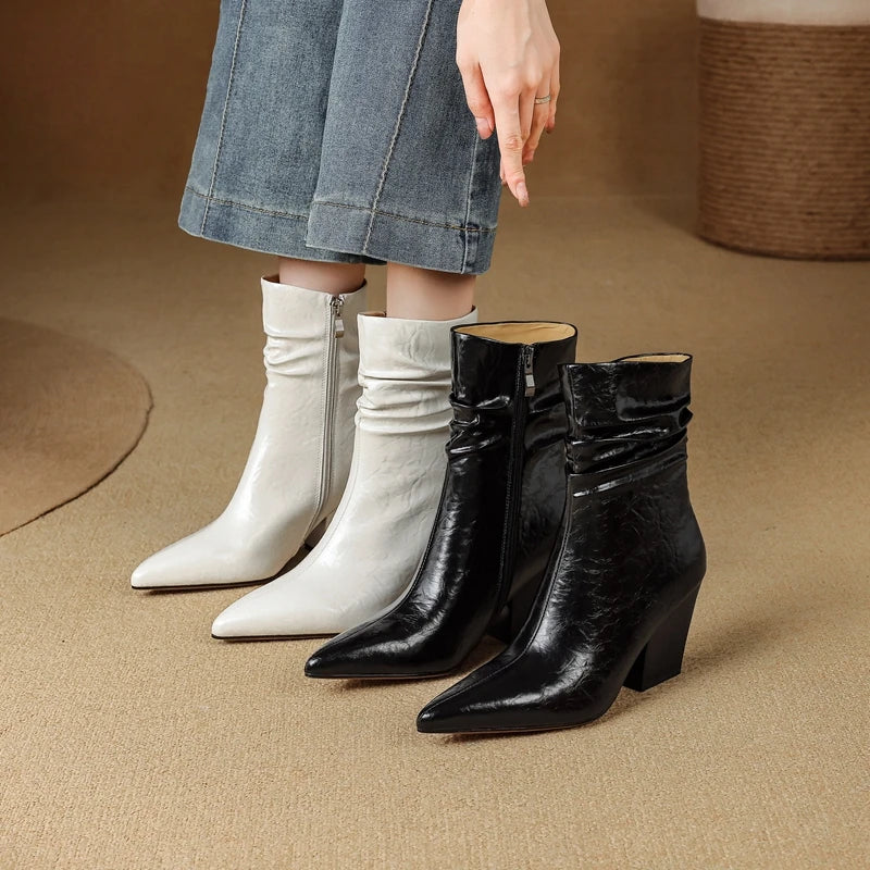 Women's autumn and winter leather cowhide pointed pleated side zipper high heels western short Boots