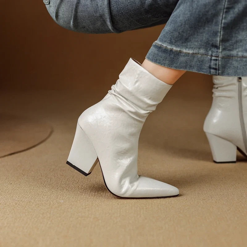 Women's autumn and winter leather cowhide pointed pleated side zipper high heels western short Boots