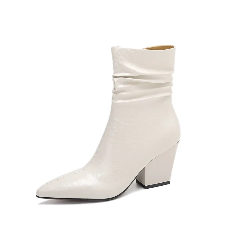 Women's autumn and winter leather cowhide pointed pleated side zipper high heels western short Boots