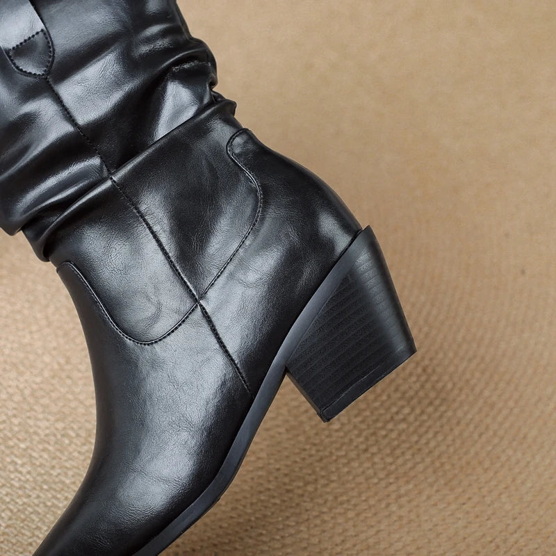 Women's autumn and winter leather cowhide pointed toe and calf high-heeled retro motorcycle short Boots