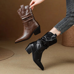 Women's autumn and winter leather cowhide pointed toe and calf high-heeled retro motorcycle short Boots