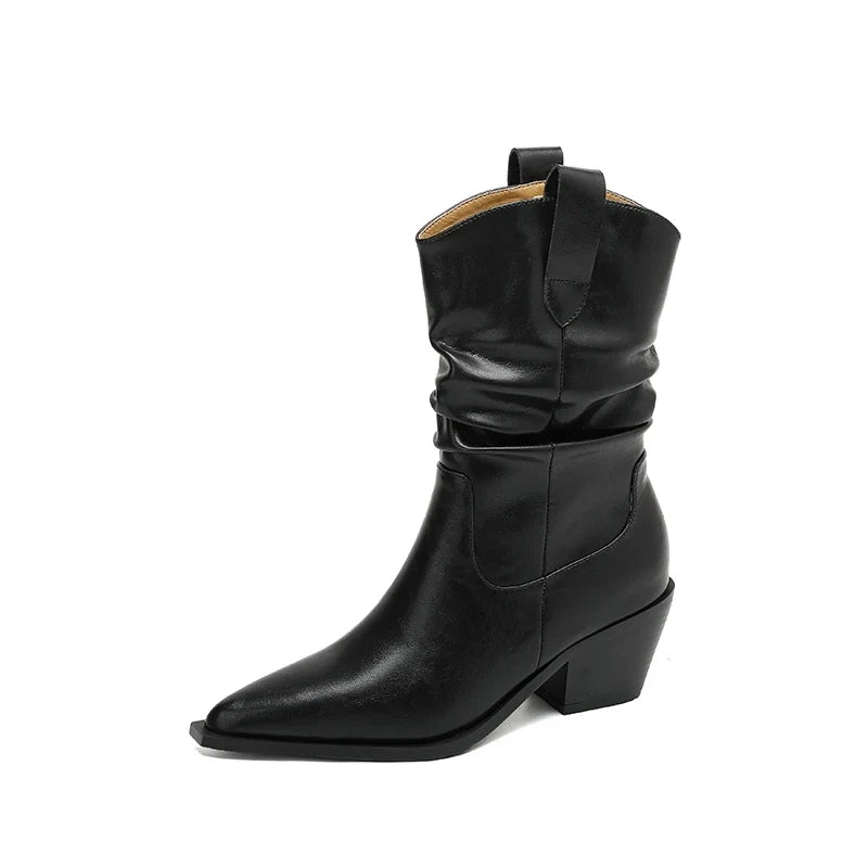 Women's autumn and winter leather cowhide pointed toe and calf high-heeled retro motorcycle short Boots