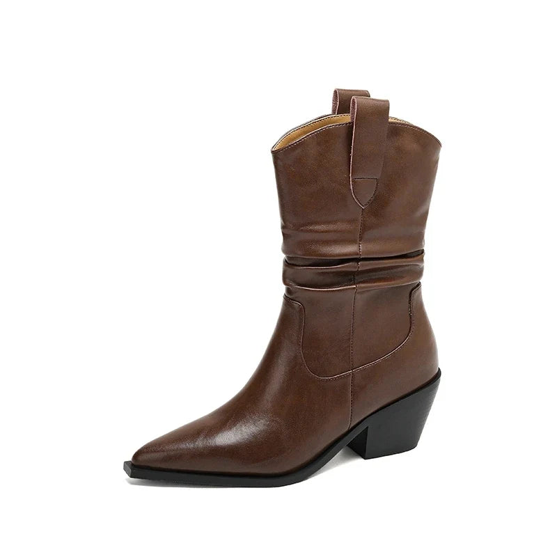 Women's autumn and winter leather cowhide pointed toe and calf high-heeled retro motorcycle short Boots