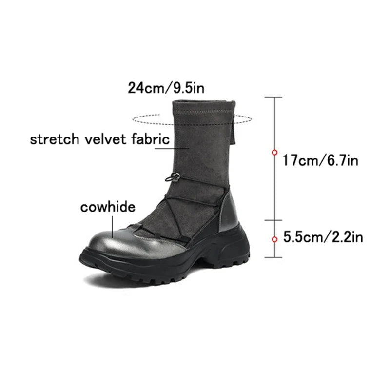 Women's autumn and winter leather cowhide round toe and calf high-heeled zipper elastic band thick soled elastic short boots