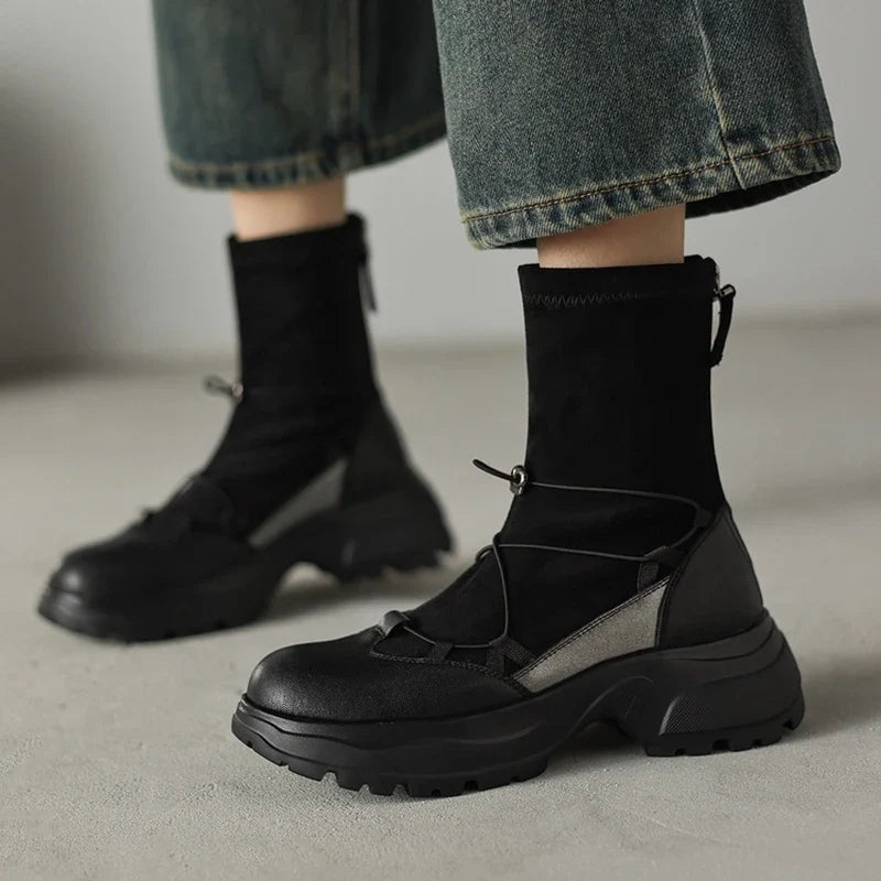 Women's autumn and winter leather cowhide round toe and calf high-heeled zipper elastic band thick soled elastic short boots